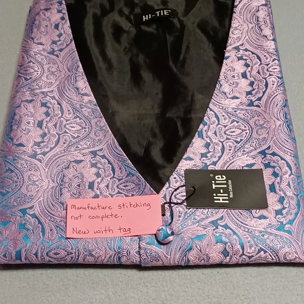 Hi-Tie Vest Mens 3XL Pink Blue Paisley Jacquard Formal Waistcoat Adjustable Back